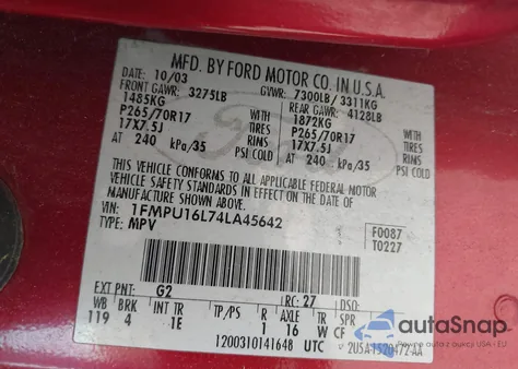 2004 Ford Expedition Nbx/Xlt z USA, uszkodzony, nr VIN 1FMPU16L74LA45642